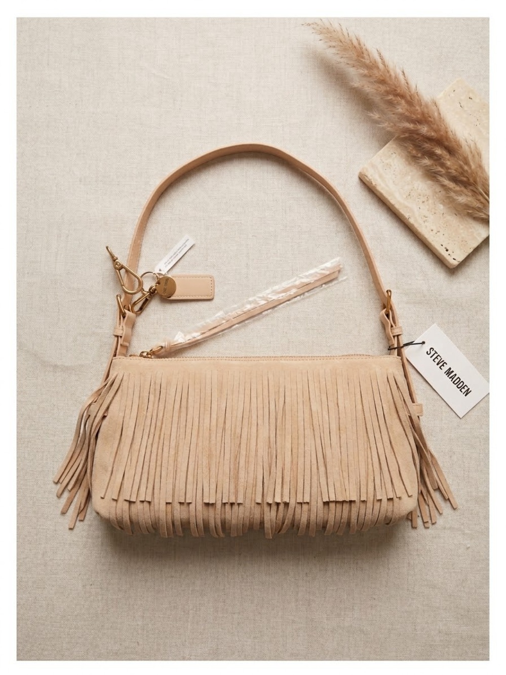 Steve Madden Neutral Fringe Suede Shoulder Bag